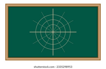 Polar coordinate system in mathematics. Polar grid with different angles. Three concentric circles.