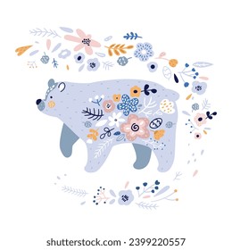 Polar cute bear in flowers in blue colors. Childish vector illustration for nursery, poster, postcard,  apparel and fabric.