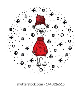 Polar cute bear in a red sweater and hat on the background of Christmas snowflakes. Bright characters are perfect for postcards, children's t-shirts, for printing on textiles.