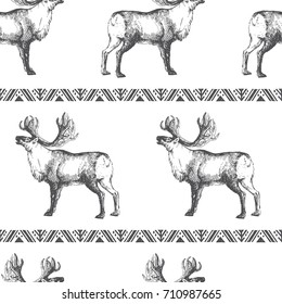 Polar deers with tribal american indian ornamental stripes. Vector seamless pattern. Winter texture with hand drawn animals and ethnic geometrical elements