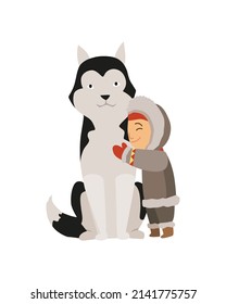 Polar eskimo Charakter. Indigene Kinder tragen traditionelle warme Kleidung. Kind mit Hund als Haustier. Traditioneller ethnischer Charakter