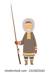 Polar eskimo character. Indigenous fisherman wearing traditional warm clothes. Person with cishing rod. Traditional ethnic character