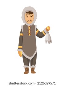 Polar eskimo character. Indigenous fisherman wearing traditional warm clothes. Person with caught fish. Traditional ethnic character