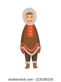 Polar eskimo character. Indigenous man wearing traditional warm clothes. Traditional ethnic character standing