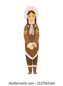 Polar eskimo character. Indigenous woman wearing traditional warm clothes. Traditional ethnic character standing