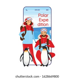 Polar expedition cartoon smartphone vector app screen. Antarctical journey. Mobile phone displays with flat character design mockup. North exploration application telephone cute interface