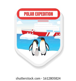 Polar expedition flat color vector badge. Animal rescue. Penguin observation. Boat cruise. Toursim, journey. Antarctica exploration graphic sticker. Toursim isolated cartoon design element