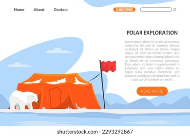 Polar exploration landing page. Arctic research. Scientific station on North Pole vector illustration