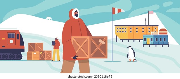 Polar Explorers Loading Wooden Boxes on Scientific Station. Scientist Characters at Antarctic Landscape with Penguin