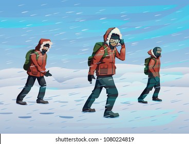 Polar explorers in red jackets marching on the snow in windy weather. Three men walking through the snowstorm. Vector illustration. Flat style. Horizontal.