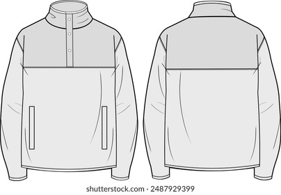 Polar Fleece Half-Zip Pullover Jacke Vektorgrafik Design CAD Vorlage Vorder- und Rückseite Ansicht Technische Techpack Illustration