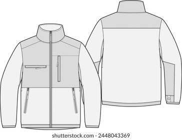 Polar fleece jacket full zip vector design template front and back view