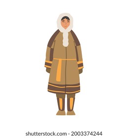 Polar Girl Character, North People Wearing Warm Traditional Eskimos Clothing Cartoon Vector Illustration