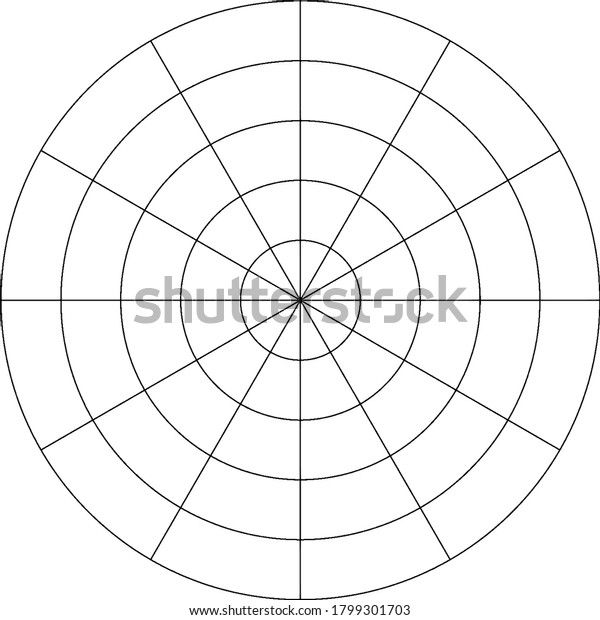 A Polar Graph with 5\
concentric circles showing radius and divided into sections of 30\
degree (not labeled) each , vintage line drawing or engraving\
illustration.