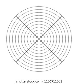 Polar Grid Of 10 Concentric Circles And 45 Degrees Steps. Blank Vector Polar Graph Paper.