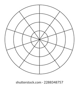 Polar grid of 10 segments and 3 concentric circles. Coaching tool. Wheel of life template. Circle diagram of lifestyle balance. Blank polar graph paper. Vector illustration.