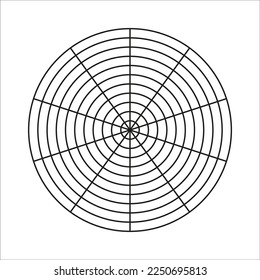 Polar grid of 10 segments and 10 concentric circles. Circle diagram of lifestyle balance. Wheel of life template. Vector blank polar graph paper. Coaching tool.