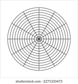 Cuadrícula polar de 12 segmentos y 12 círculos concéntricos. Plantilla de rueda de vida. Diagrama de círculo del equilibrio de estilo de vida. Herramienta de entrenamiento. Papel gráfico polar en blanco vectorial.