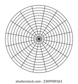 Polar grid of 16 segments and 12 concentric circles. Circle diagram of lifestyle balance. Wheel of life template. Blank polar graph paper. Coaching tool. Vector simple illustration.