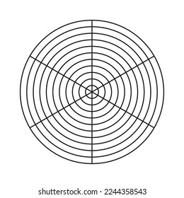 Cuadrícula polar de 6 segmentos y 10 círculos concéntricos. Papel polar en blanco. Diagrama de círculo del equilibrio de estilo de vida. Plantilla de rueda de vida. Herramienta de entrenamiento.