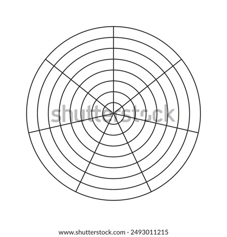 Polar grid of 7 concentric circles and 7 steps. Coaching tool graphic template. Blank polar graph paper. Radial dividers. Icon asset for patterns, overlay, montage, guide. Isolated on white background