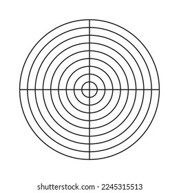 Polar grid of 8 concentric circles and 4 degrees steps. Circle diagram divided on segments. Blank polar graph paper. Wheel of life or habits tracker.