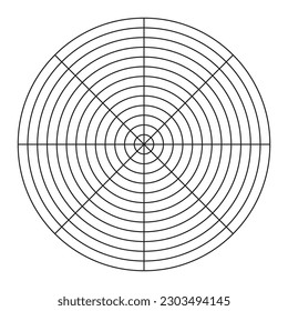 Polargitter von 8 Segmenten und 12 konzentrische Kreise. Kreisdiagramm der Lifestyle-Balance. RadVorlage für das Leben. Vektorleerpapier für polare Graphen. Coaching-Tool.