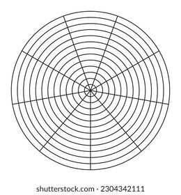 Polar grid of 9 segments and 12 concentric circles. Wheel of life template. Circle diagram of lifestyle balance. Coaching tool. Vector blank polar graph paper.