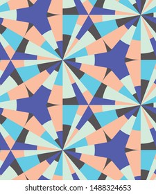Polar grid based circular geometric color blocking peach, teal, and blue seamless repeat vector patter swatch.  Home decor, stationary.  Arc, curve, circle, angle, math.  Art deco.