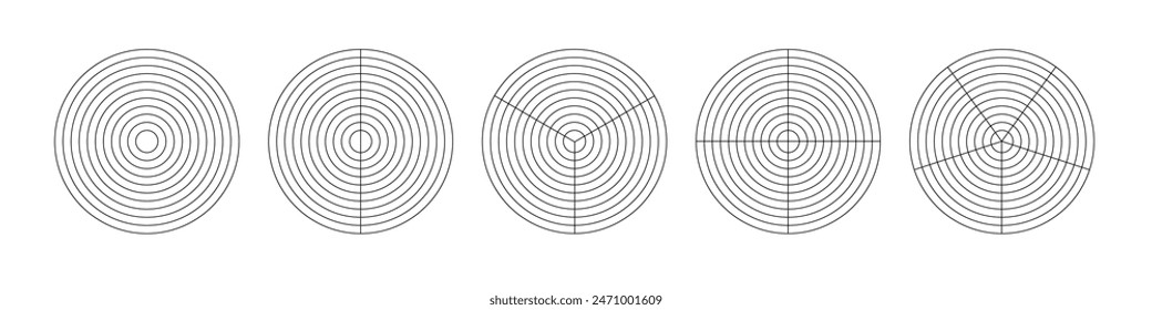 Konzentrische Kreise und Stufen mit polarem Gitter. Leeres polares Graphpapier mit Vektorgrafik. Radar-Kreisdiagramm-Bildschirm. Raster mit konzentrischen Kreisdiagrammen. Vektorgrafik