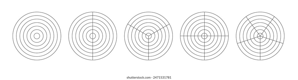 Polar grid concentric circles and steps. Blank vector polar graph paper. Radar circular graph screen. Grid with concentric circles diagram. Vector
