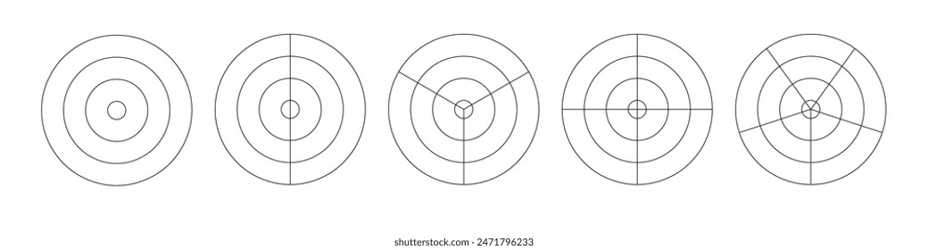 Círculos y escalones concéntricos de la rejilla polar. Papel de Vector polar en blanco. Pantalla de radar circular. Rejilla con diagrama de círculos concéntricos. Vector