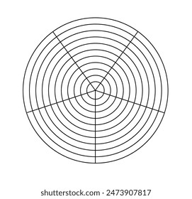 Polar grid concentric circles and steps. Blank vector polar graph paper. Radar circular graph screen. Grid with concentric circles diagram. Vector