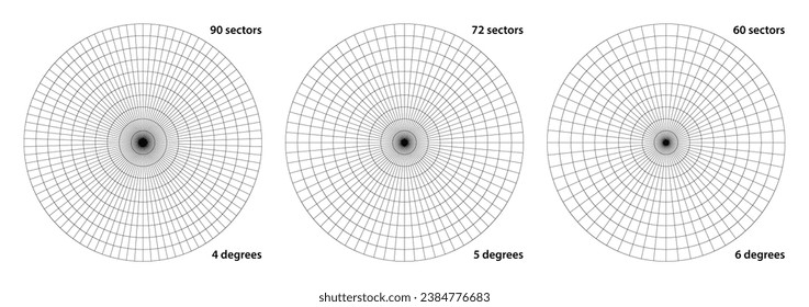 Polargitter, unterteilt in 90, 72 oder 60 Radialbereiche und konzentrische Kreise. Rundwerkzeug des Geometry Engineer zum Messen von Ecken.