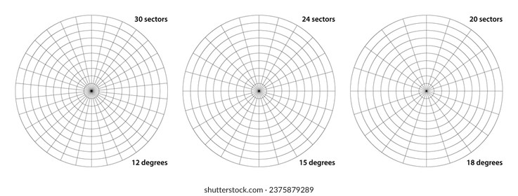 Polar grid divided into radial degree 30, 24 or 20 sectors and concentric circles. Angle radial radar sonar screen.