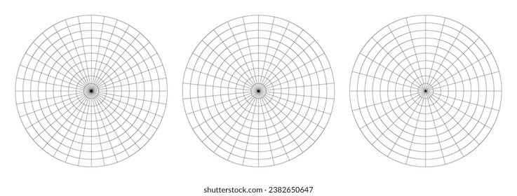 Polar grid divided into radial spoke degree 36, 30 or 24 sectors and concentric circles. Radar circular graph screen.