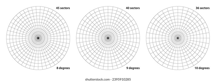 Cuadrícula polar dividida en grados radiales 36, 40 y 45 sectores y círculos concéntricos. La pantalla del radar se desliza en una computadora submarina.