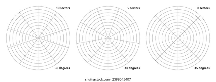 Polar grid divided into radial degree 10, 9 and 8 sectors and concentric circles. Protractor or geometry angle ruler. Device gauge or radar coordinate screen