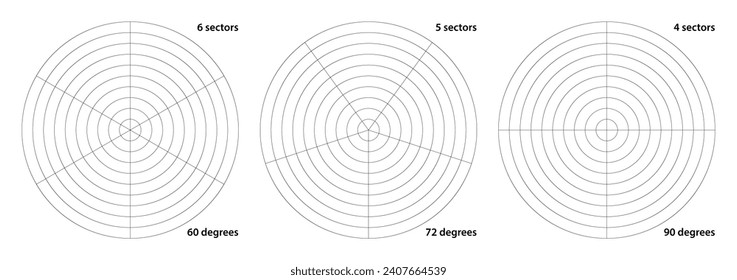 Cuadrícula polar dividida en grados radiales 4, 5 y 6 sectores y círculos concéntricos. Sistema de guía circular para la plantilla de diseño geométrico. Pantalla de gráfico de coordenadas