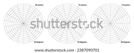 Polar grid divided into radial 20, 24, 30 degree 18, 15 and 12 sectors and concentric circles. Protractor or geometry angle ruler. Device gauge or radar coordinate screen