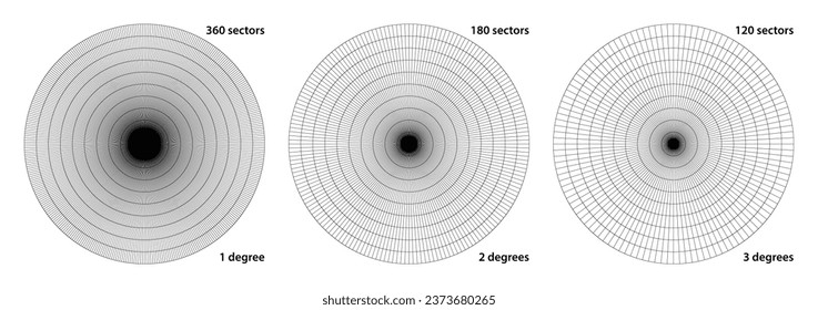 Cuadrícula polar dividida en sectores de 1 grado radial delgado y círculos concéntricos. Wheel habló sobre el plano técnico. 3.ᵉʳ gálibo de pantalla de estrella o sonar
