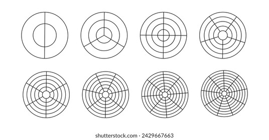 Polar grid divided template set. Radar circular graph screen. Grid with concentric circles diagram chart.