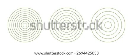 Polar grids green concentric circles set. Wheel of life, habits trackers.  of Circle diagrams divided on 8, 6, 4 equal segments collection. Blank polar graph paper template.	
