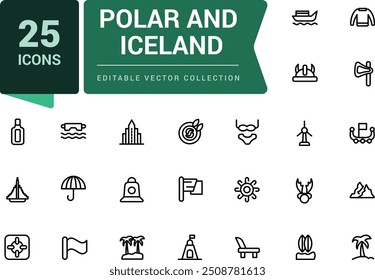 Ícones polares e islandeses definidos. Ilha polar norte. País de aventura turística. Pixel perfeito, minimalista web e ícone UI. Contornar coleções de ícones.