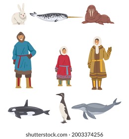 Habitantes polares y animales, animales del mar Ártico y personas con ropa tradicional esquimales Ilustración vectorial de dibujos animados