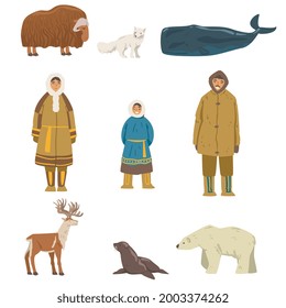 Polar Inhabitants and Animals Set, Arctic Mammals and People in Authentic Traditional Outfit Cartoon Vector Illustration