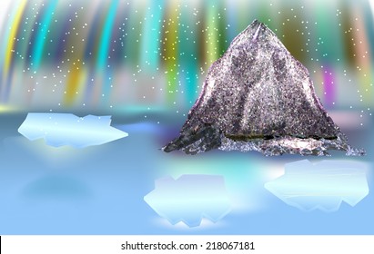 Polar landscape with aurora, silver mountain and ice sea
