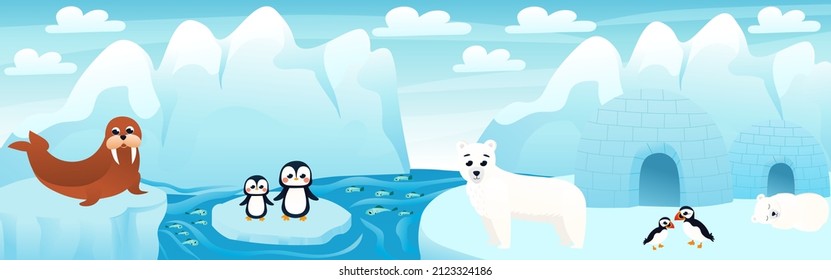 Polar landscape with cute cartoon animals with fish and iceberg, arctic scene with polar bear and penguins, arctic puffins, seal sitting on snow, horizontal zoo poster