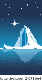 the polar landscape. drawing of the northern nature at night in a minimalist style. a lonely big ice mountain, an iceberg, a cold ocean, a starry night. monochrome blue and white. vector illustration