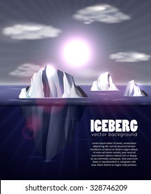 Polar landscape with iceberg and sun rays. Vector illustration